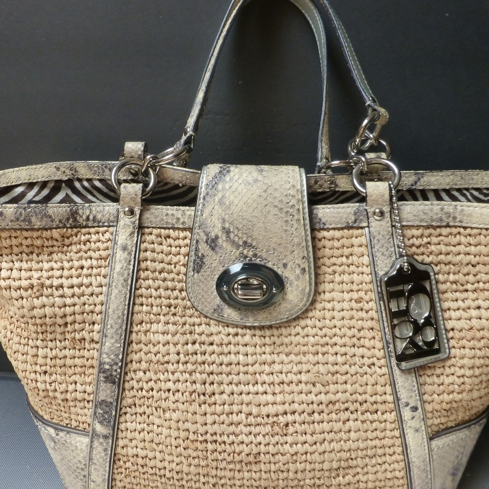Coach Python Silver woven rattan straw coastal cruise shoulder bag